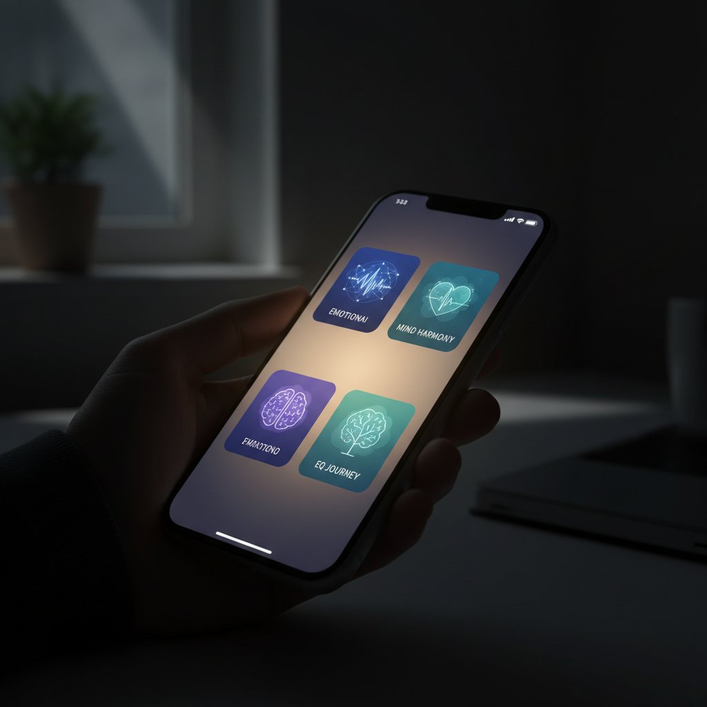 Aplikacje EQ na ekranie smartfona, dramatyczne światło, kursy EQ online, rozwój emocjonalny