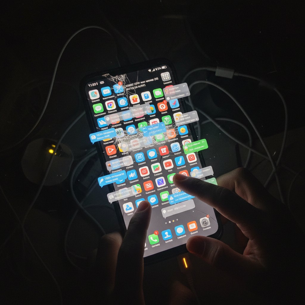 Smartfon jako wyzwalacz impulsywności, ekran telefonu świecący w ciemności, lawina powiadomień