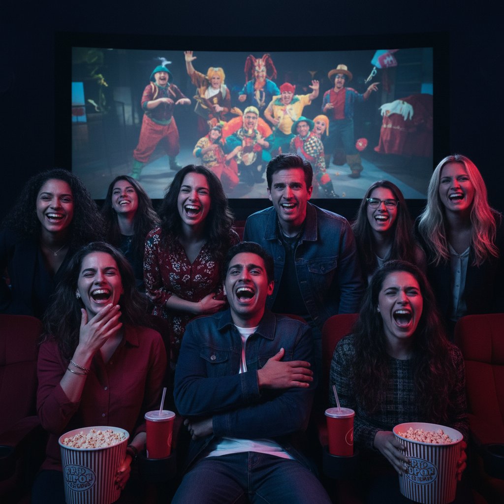 Audience reacting to a multicultural comedy with laughter and surprise