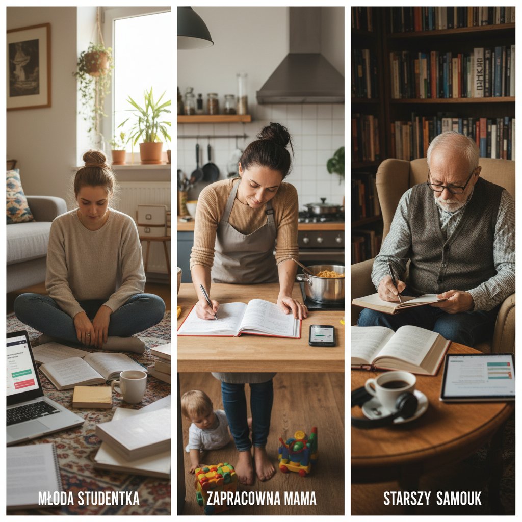 Różni uczniowie ćwiczący włoski online w swoich domach, młoda studentka, zapracowany rodzic, starsza osoba, autentyczne domowe środowisko