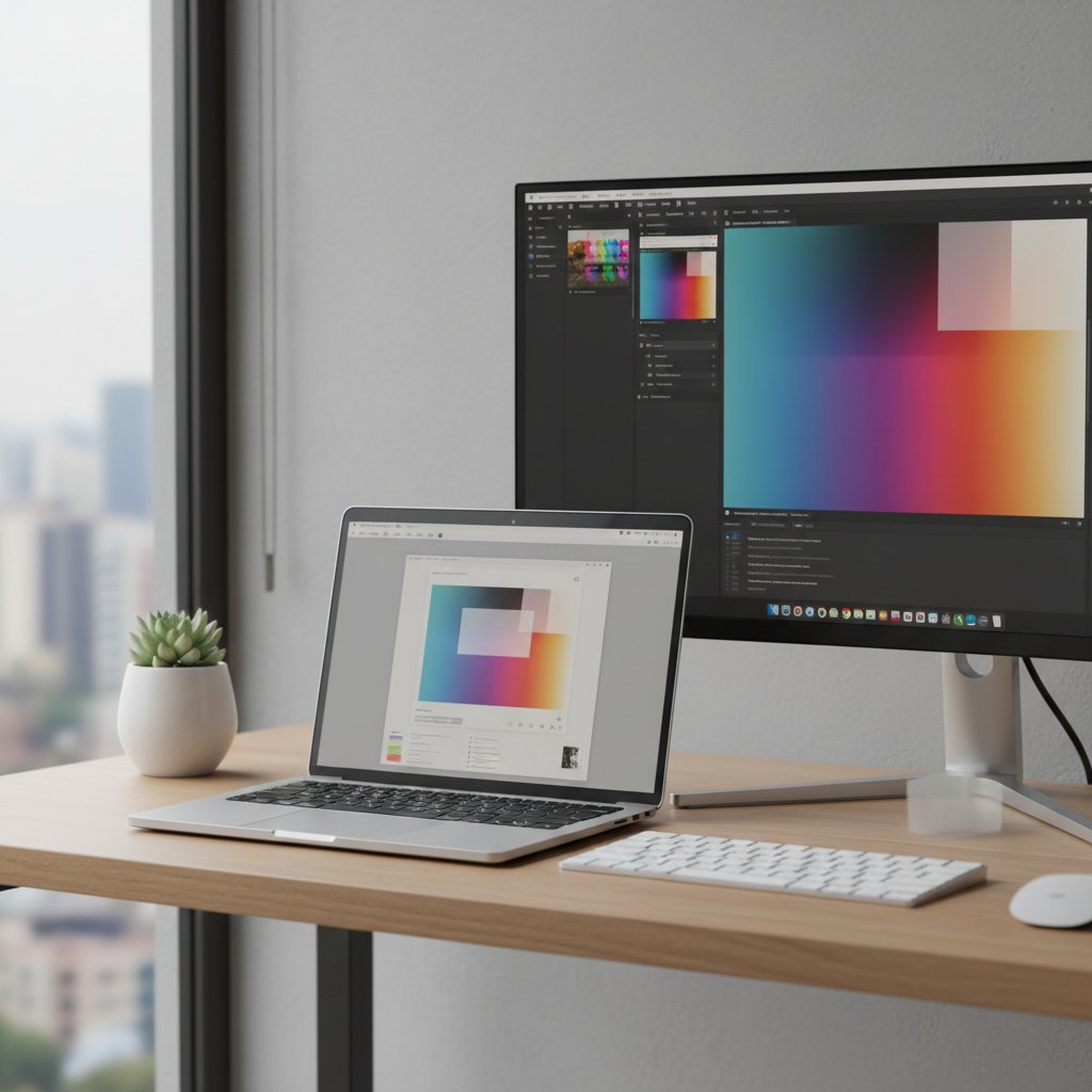 Edycja zdjęcia na laptopie, AI usuwa niepożądany element ze sceny