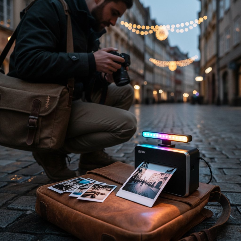 Fotograf korzystający z przenośnej drukarki, smart lampy LED i Instaxa Wide