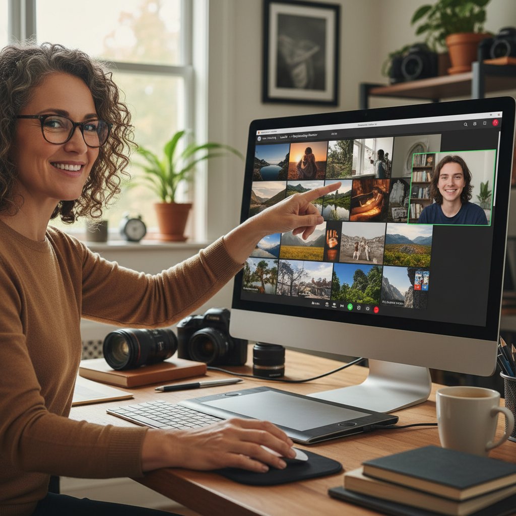 Korepetytor pokazuje portfolio podczas rozmowy online, ekran komputera z otwartymi zdjęciami