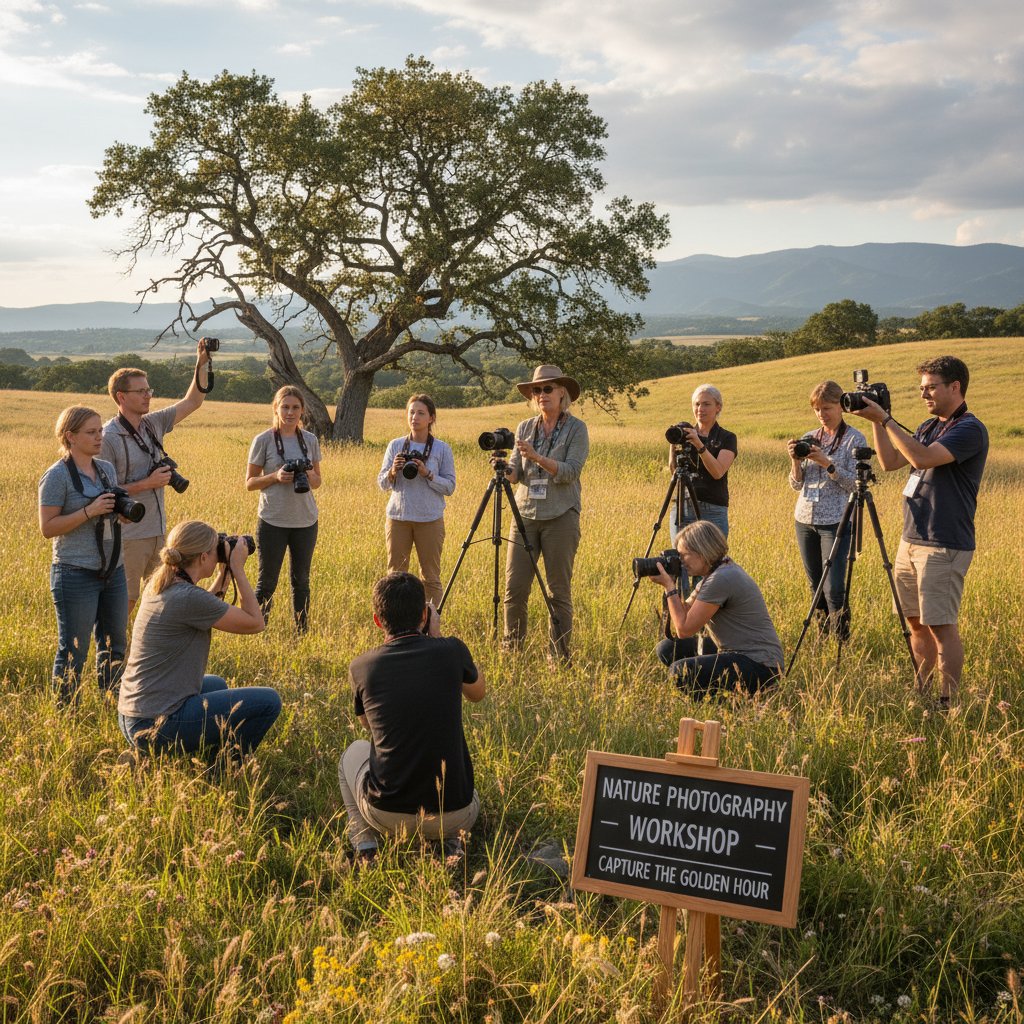 Grupa fotografów w trakcie warsztatów plenerowych z profesjonalnym prowadzącym