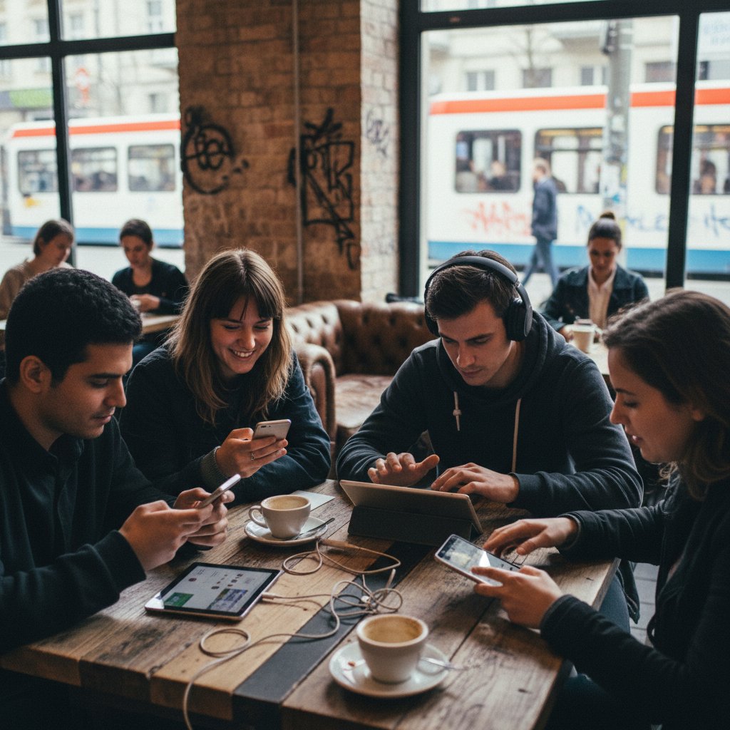 Diskussion über virtuelle Beziehungen in Deutschland, junge Erwachsene in Berliner Café, dokumentarisch, 16:9