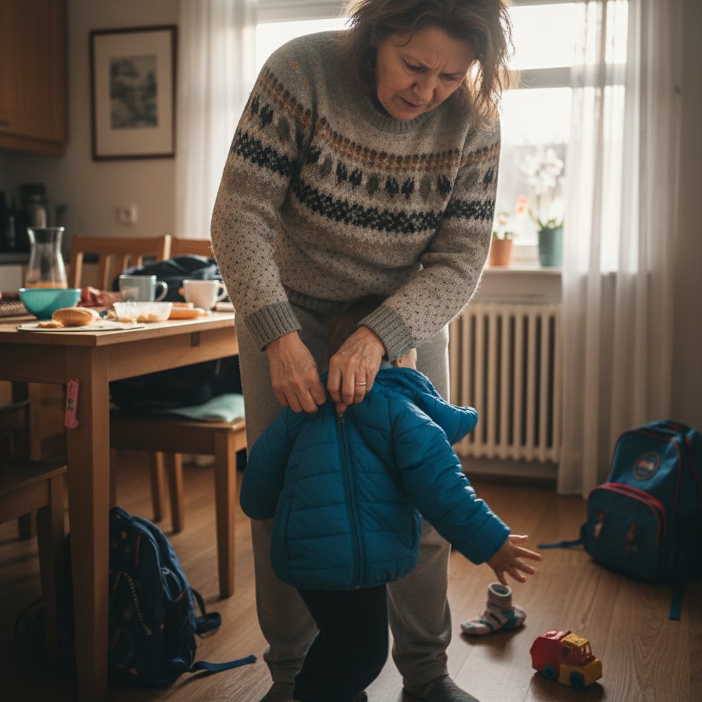 Codzienne wyzwania mamy z RZS, kobieta ze sztywnymi dłońmi pomaga dziecku w porannej krzątaninie