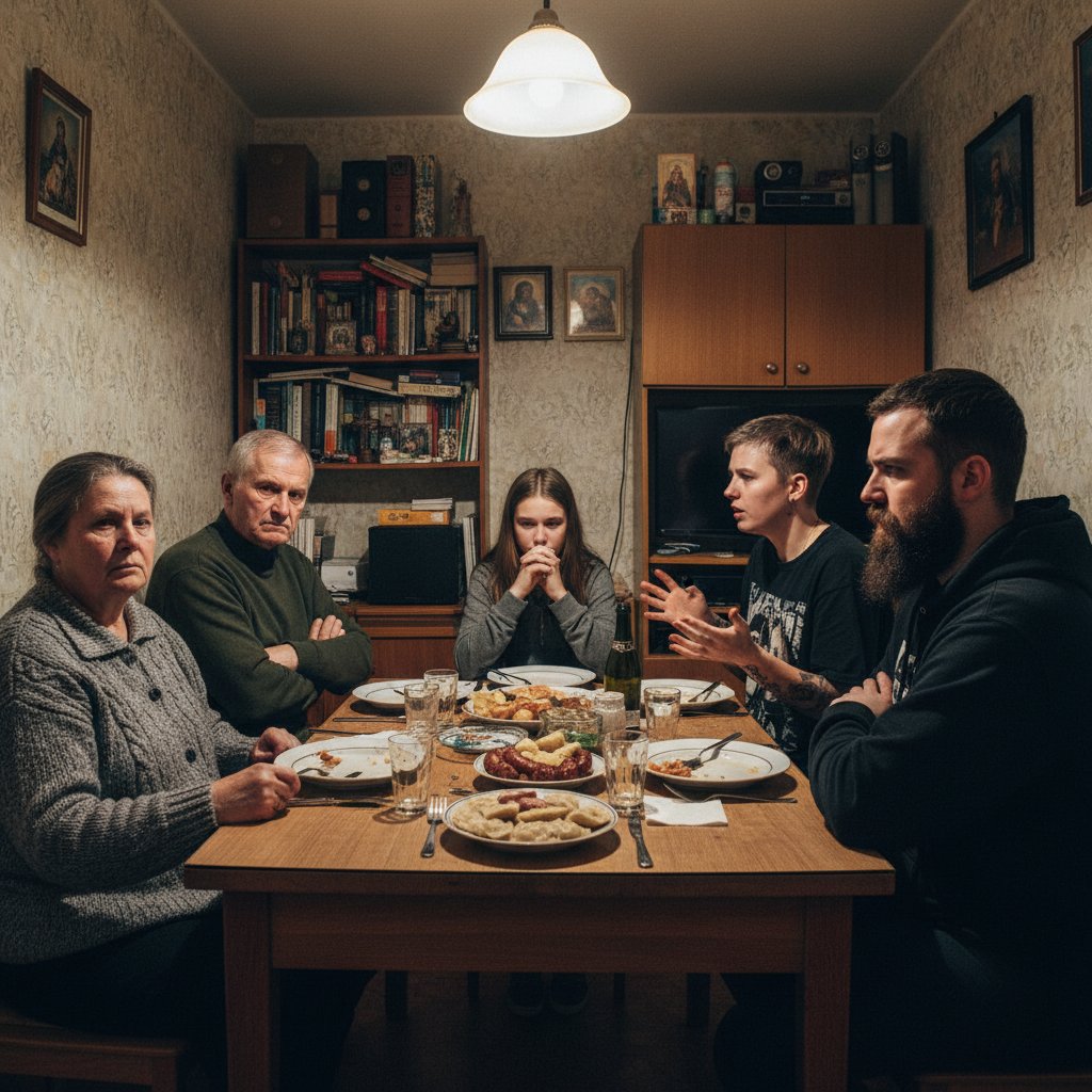 Wyzwania NVC w polskich rodzinach – Rodzina przy stole, wyraźny podział pokoleń, napięte emocje, mieszkanie w bloku