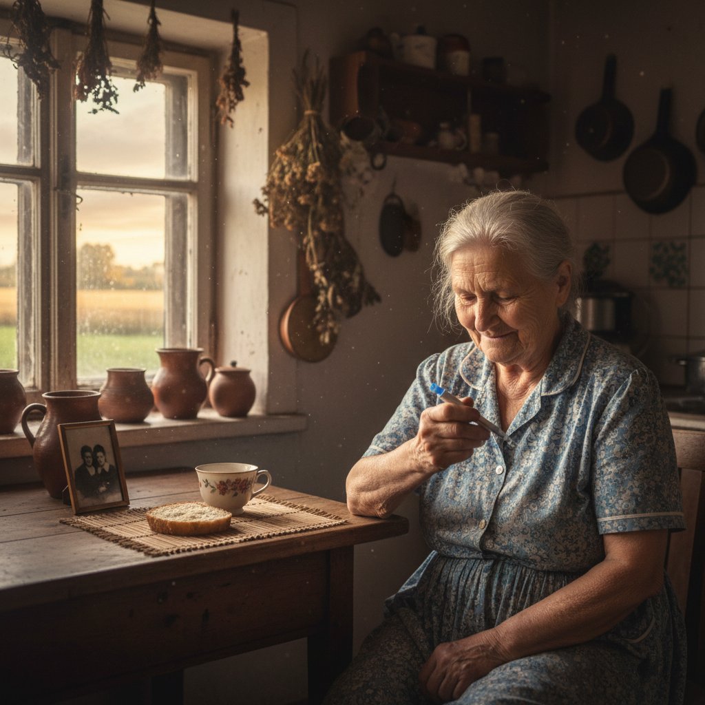 Starsza kobieta samodzielnie podaje insulinę w wiejskiej kuchni.