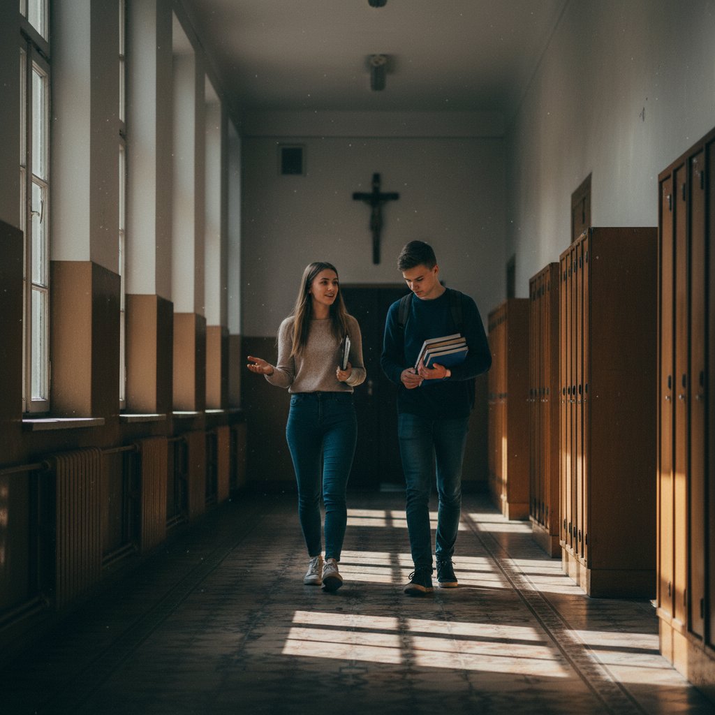 Nauczyciel i uczeń w cieniu szkolnego korytarza – dystans i wyczerpanie, wypalenie zawodowe
