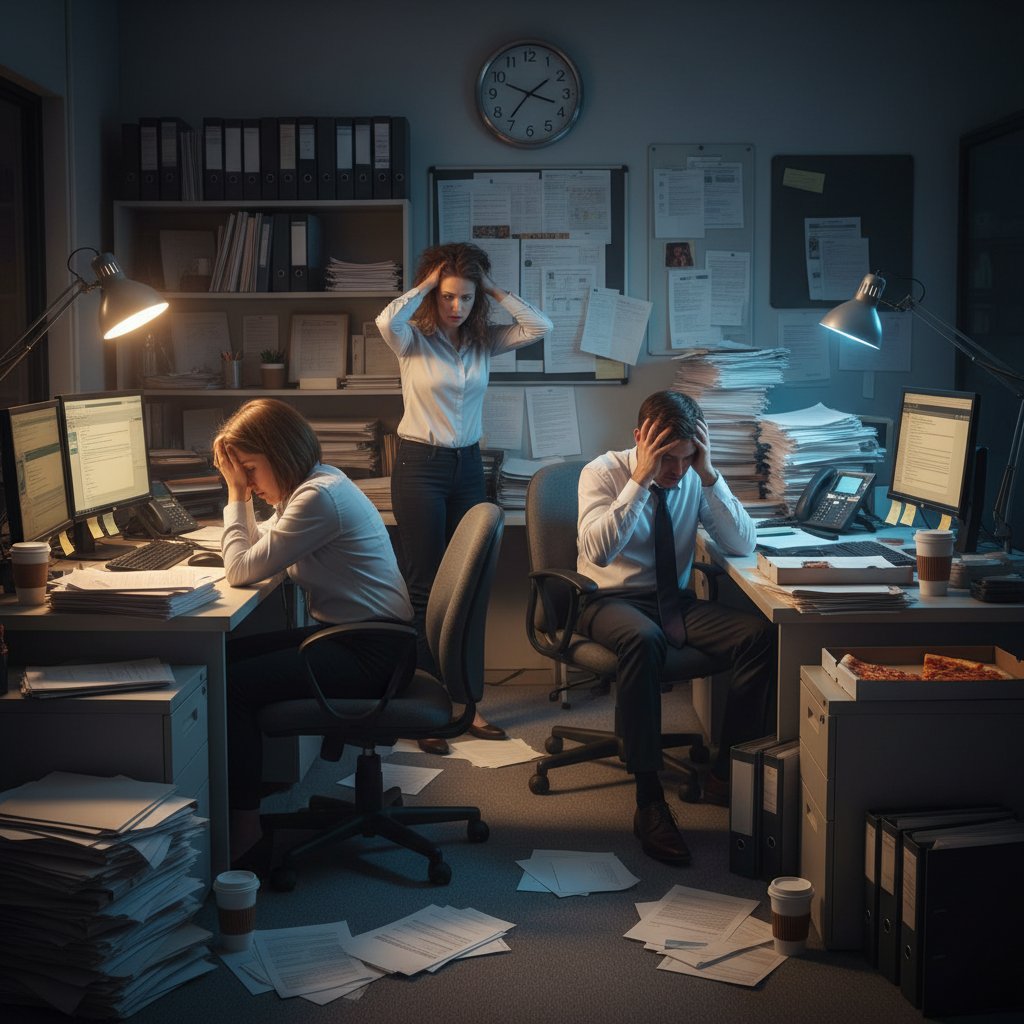 Zestresowany rekruter w otoczeniu stosów dokumentów, chaos papierów, problem z optymalizacją procesu rekrutacji