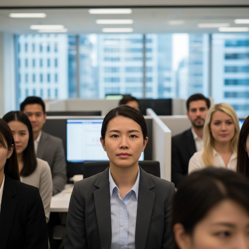Osoba o osobowości antyspołecznej w codziennym środowisku biurowym – osoba z neutralnym wyrazem twarzy wśród grupy pracowników w biurze, pośród miejskiego wnętrza