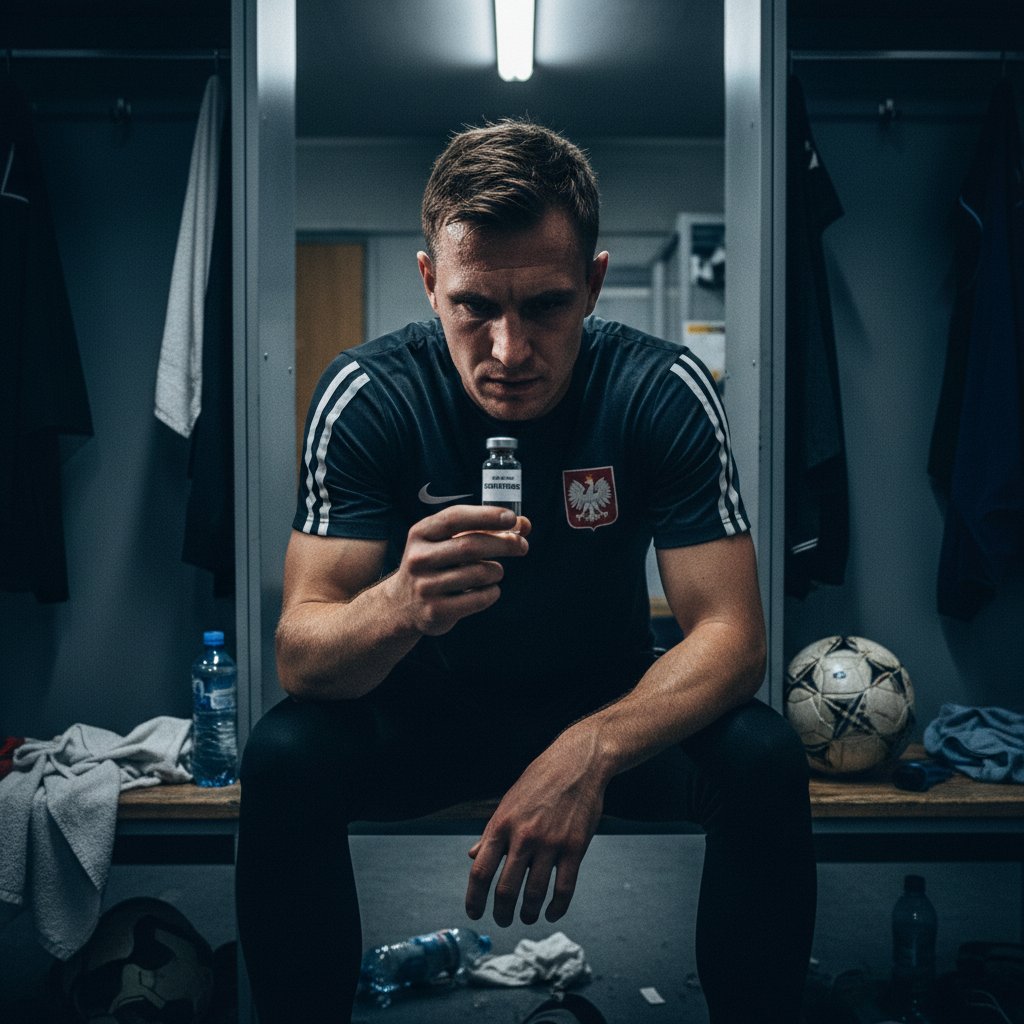 Polski sportowiec w szatni patrzy na fiolkę deksametazonu.