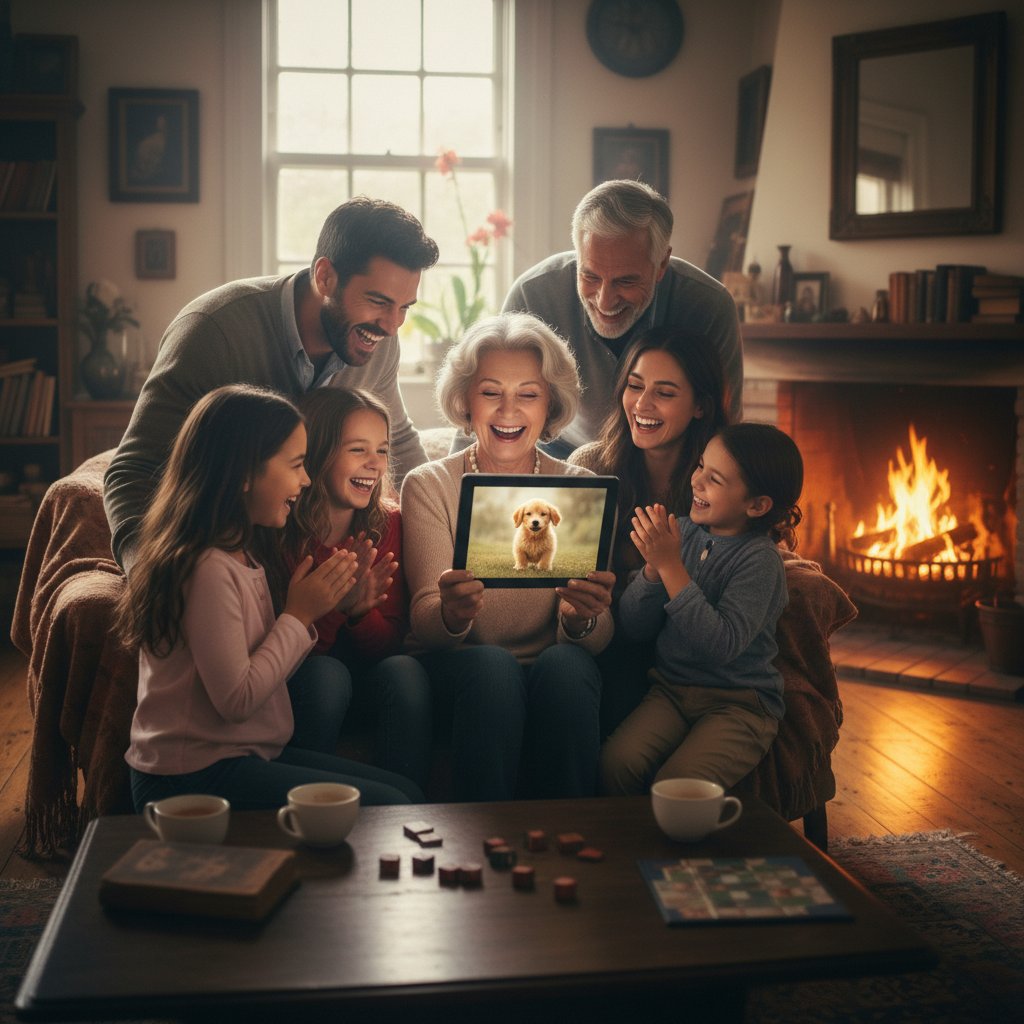 Eine Familie erlebt gemeinsam Freude mit einem virtuellen Hund auf dem Tablet