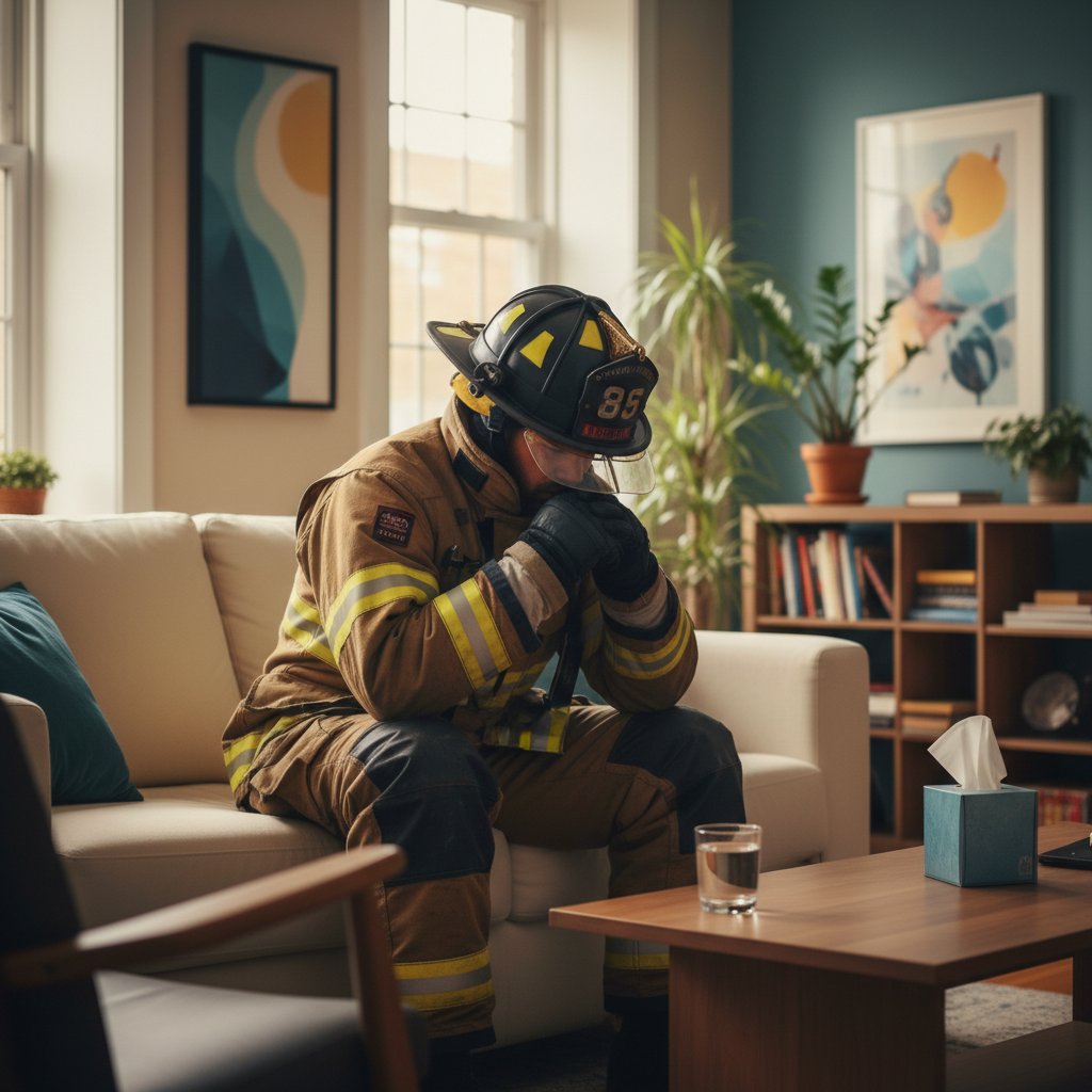 Strażak podczas sesji terapeutycznej EMDR – osoba w mundurze zamyślona w fotelu gabinetu, atmosfera refleksji, naturalne światło