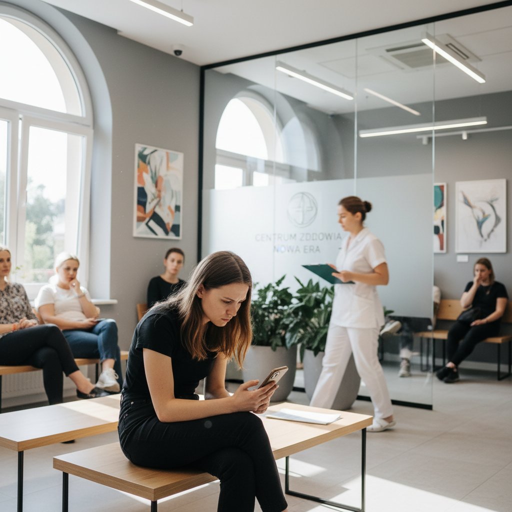 Osoba czekająca na konsultację lekarską z powodu kołatania serca w nowoczesnej polskiej klinice, światło dzienne, telefon