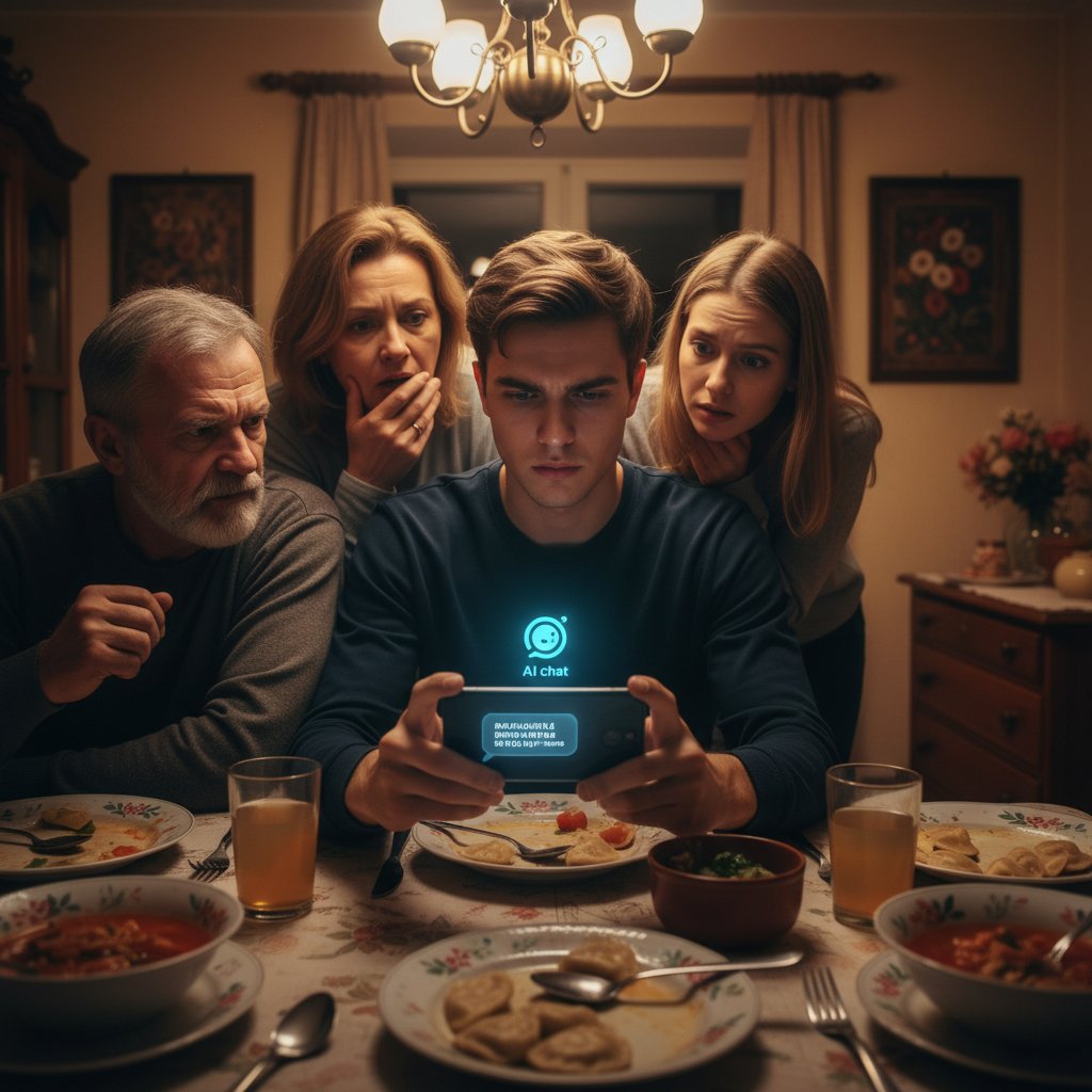 Rodzina korzystająca z asystenta AI podczas kulinarnej awarii, szybkie wsparcie kuchenne