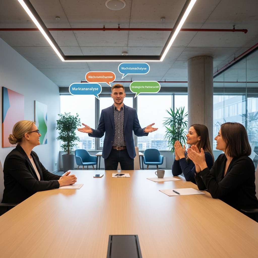 Młody Polak rozmawia po niemiecku na spotkaniu w biurze, pozytywne reakcje zespołu