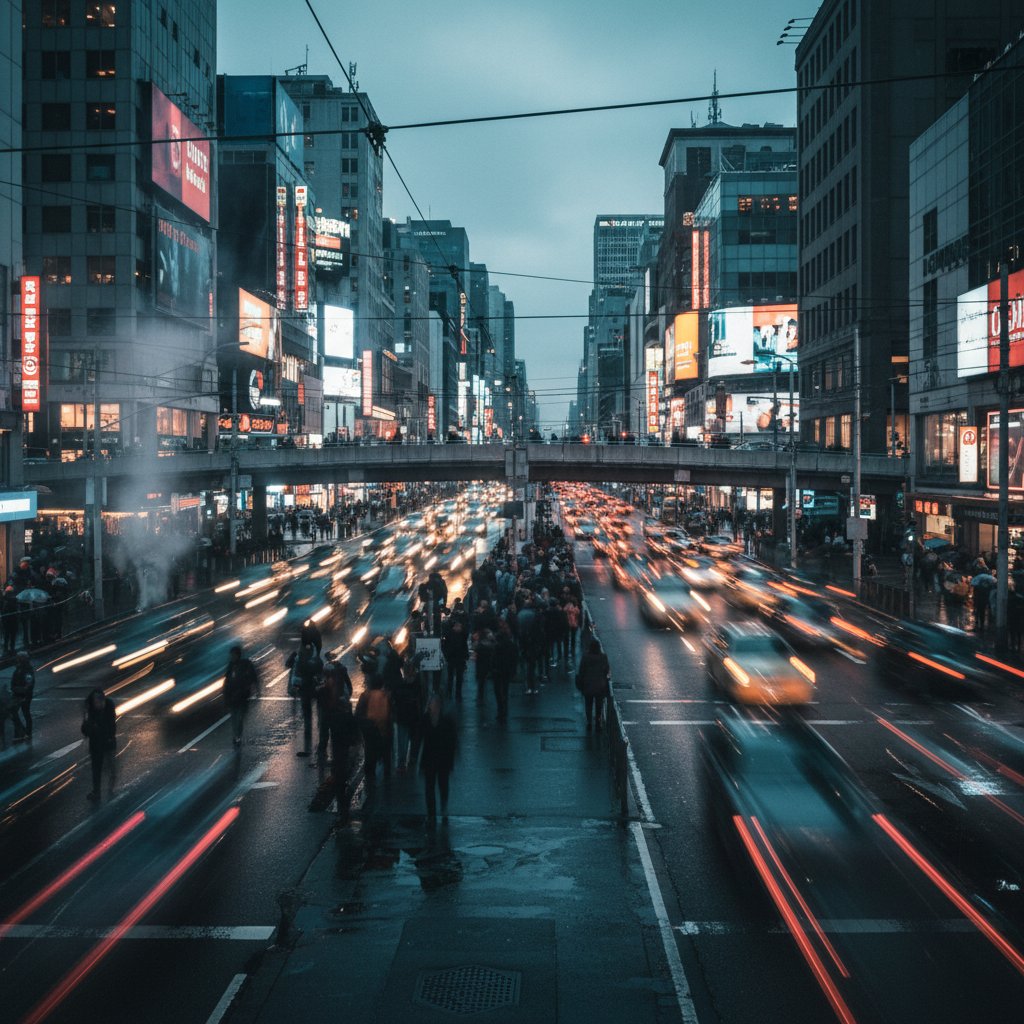 Zatłoczone miejskie skrzyżowanie – symbol współczesnego przeciążenia bodźcami.