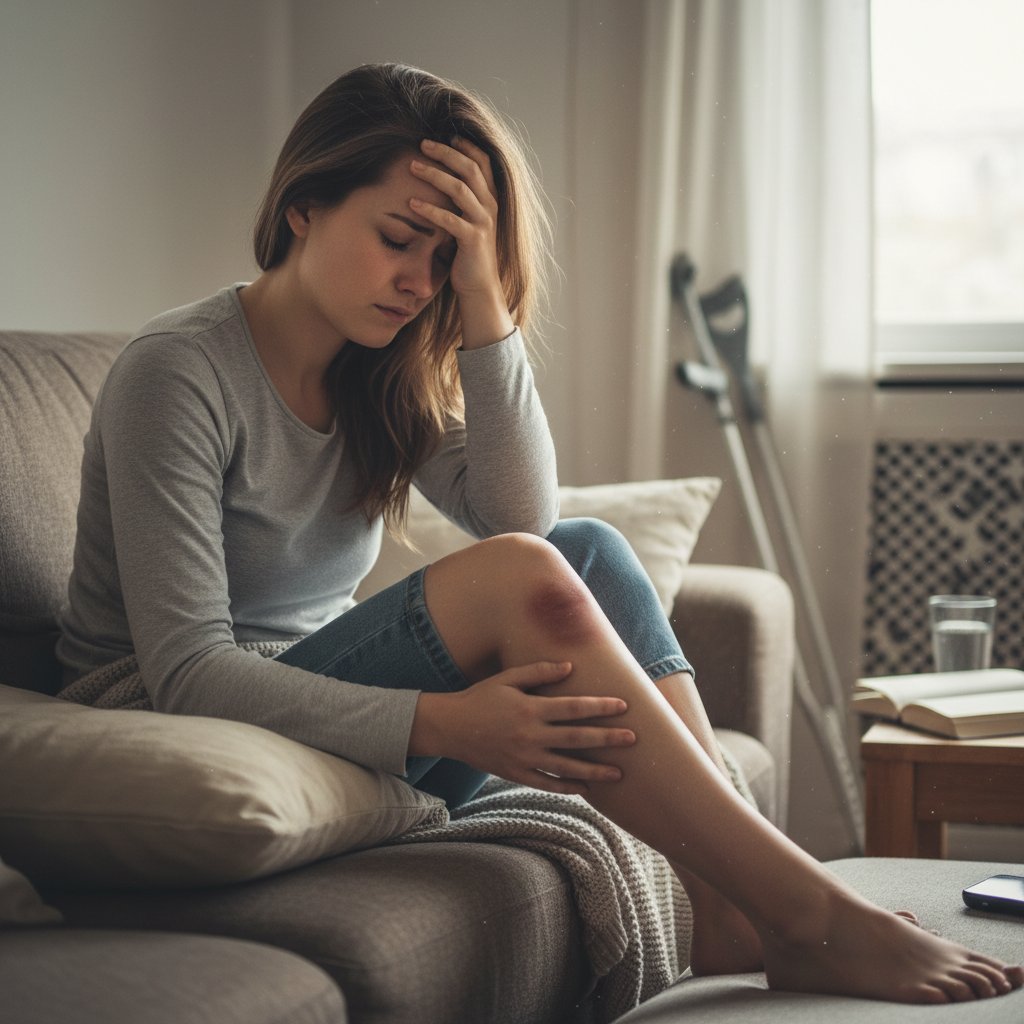 Kobieta z widocznym obrzękiem kolana wywołanym zapaleniem kaletki