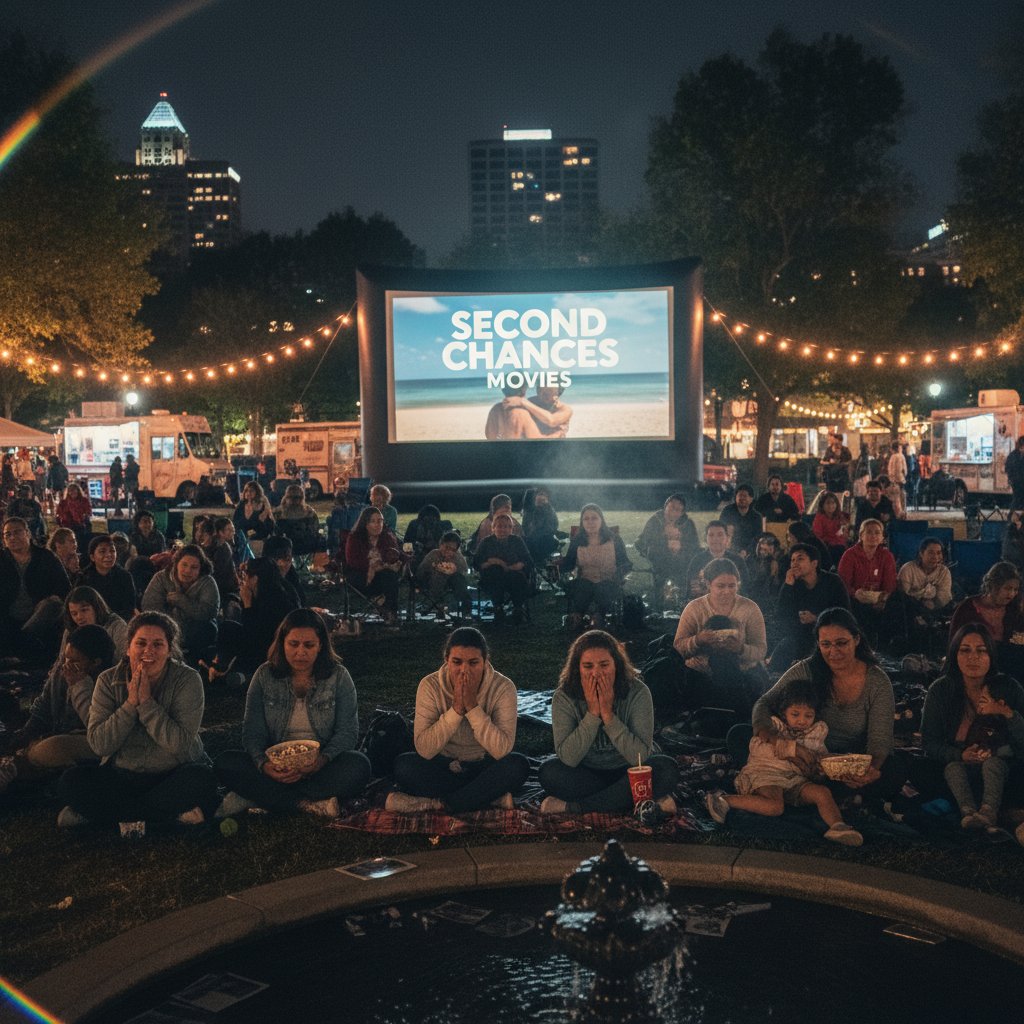 Photojournalistic image of community film screening at night, audience reacting, emotional mood, movie second chances movies