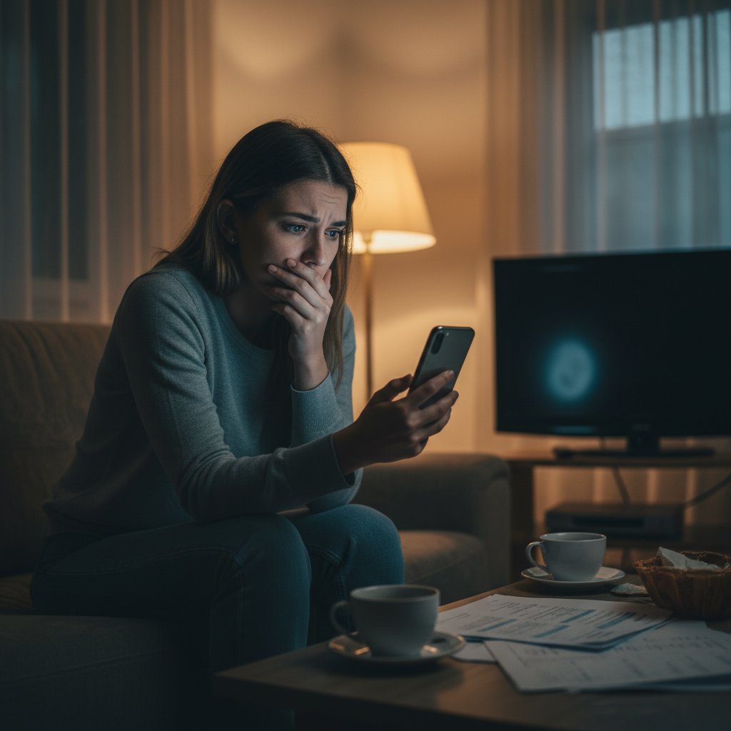 Kobieta analizuje wyniki zdrowotne na telefonie, wieczorny nastrój, napięta atmosfera