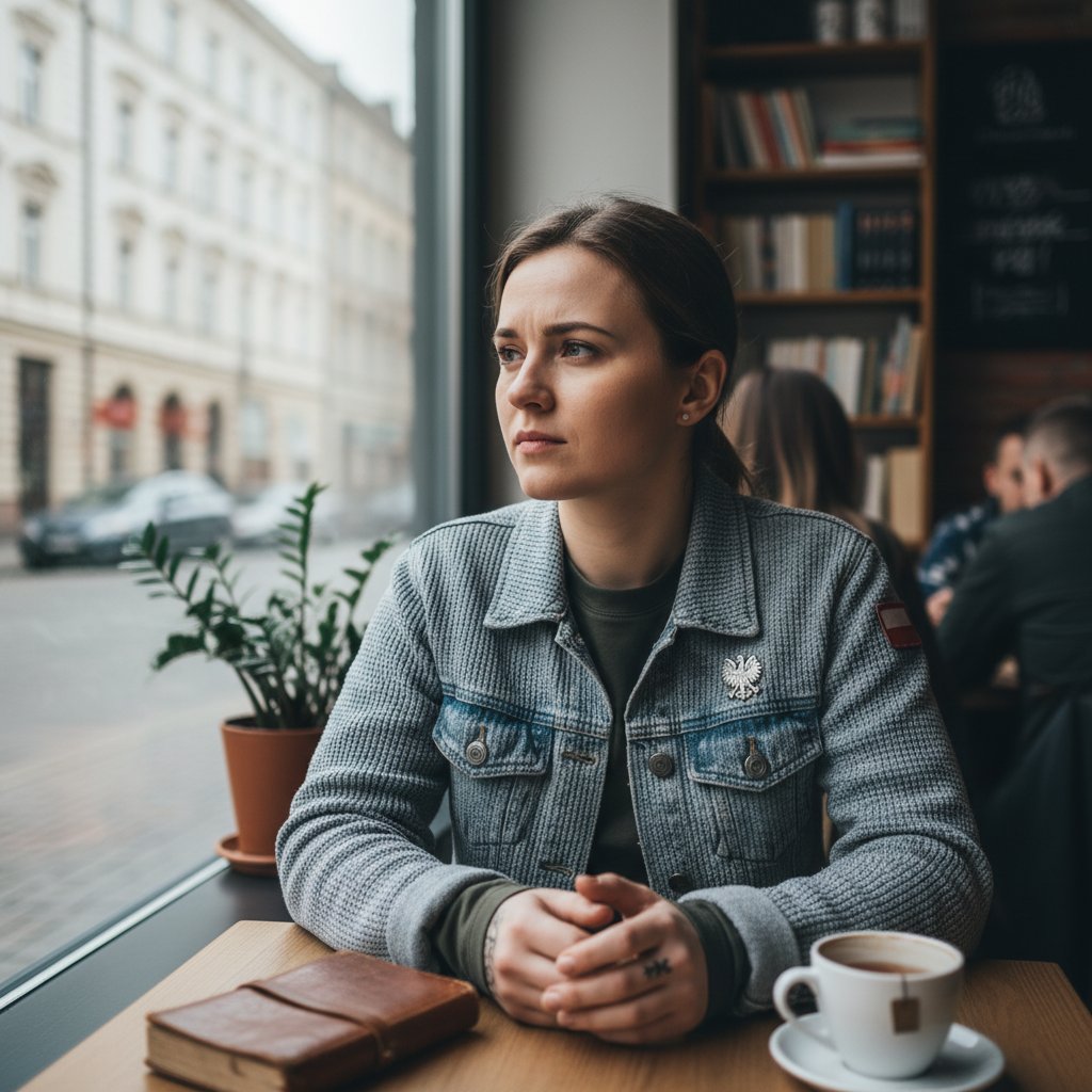 Portret młodej polskiej weteranki w cywilu, zamyślona.