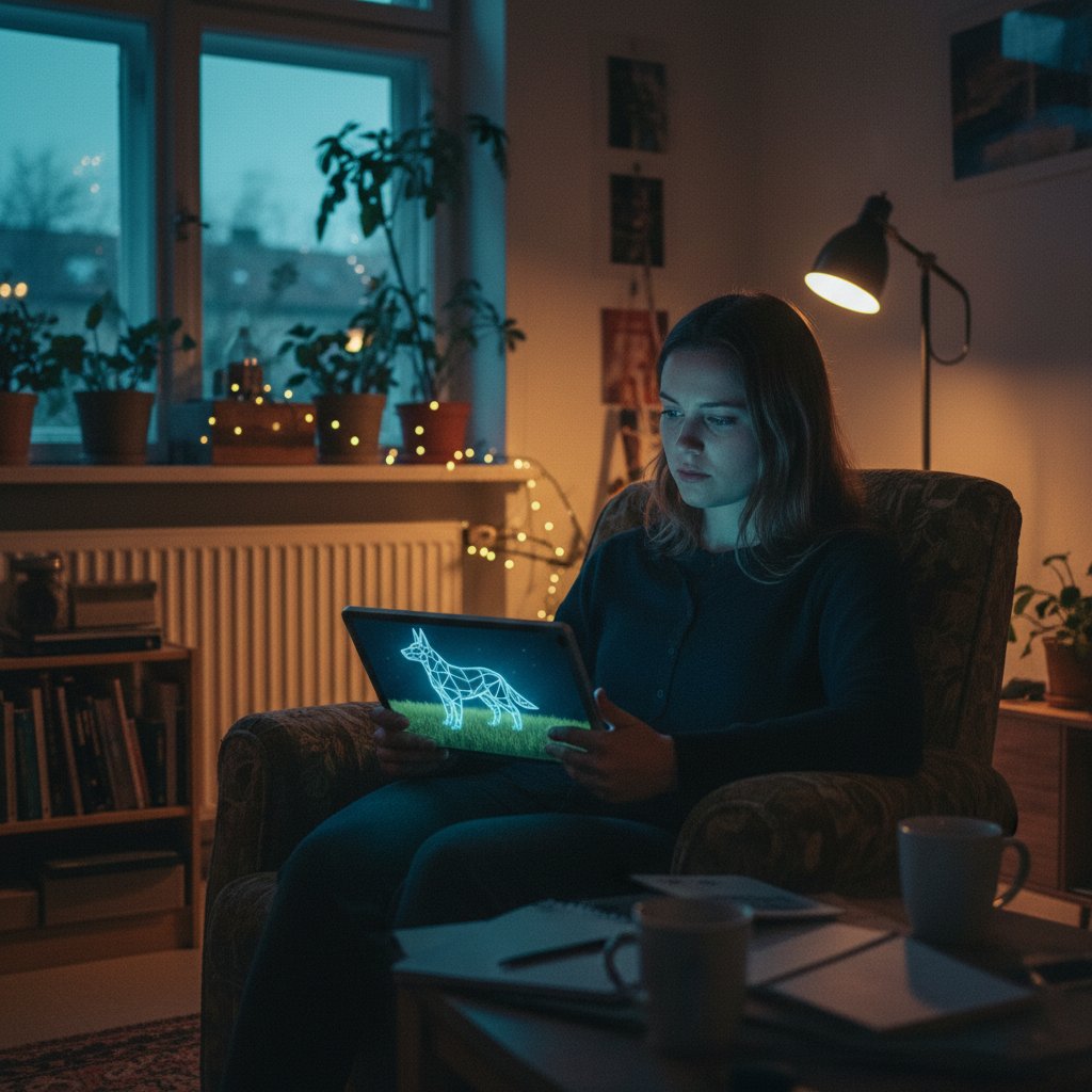Junge Frau mit virtuellem Hund in Berliner Wohnung bei Nacht. Das Licht des Smartphones betont die emotionale Bindung.