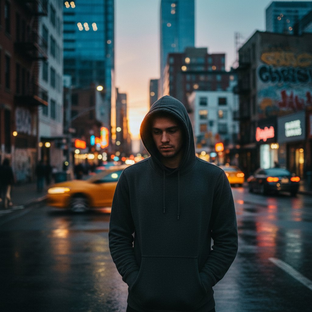 Młoda osoba z objawami depresji w miejskim otoczeniu