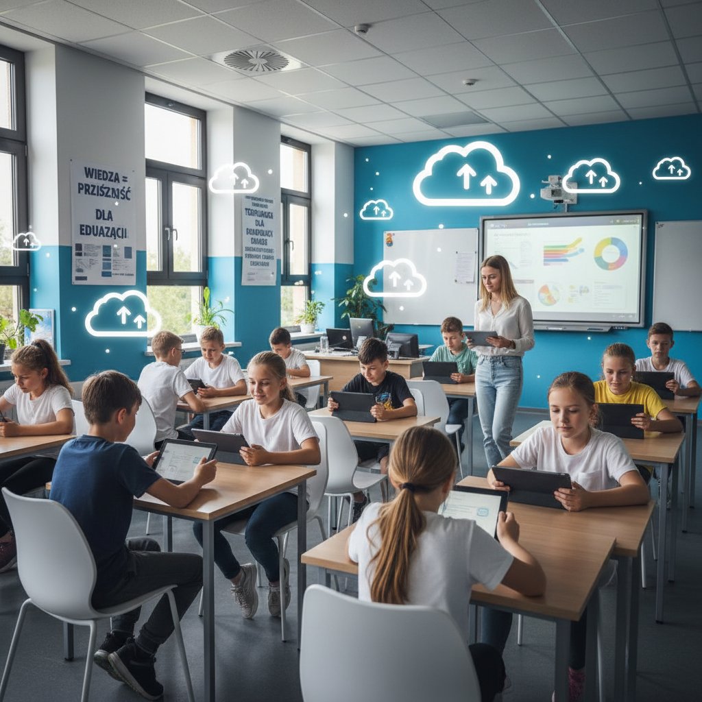 Nowoczesna klasa w Polsce, uczniowie korzystają z tabletów i chmury obliczeniowej – cloud computing online w edukacji