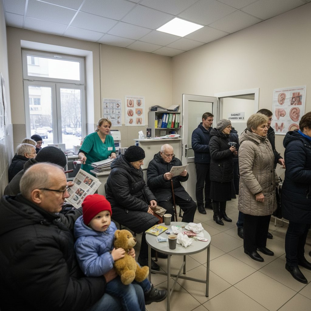 Reportażowe zdjęcie zatłoczonej poradni laryngologicznej w Polsce, dynamiczna kompozycja