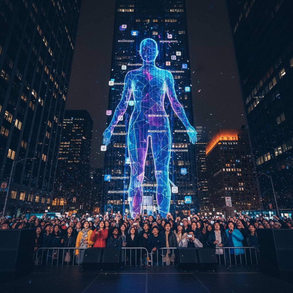 Avatar cyfrowy wyświetlany na budynku podczas nocnej akcji społecznej