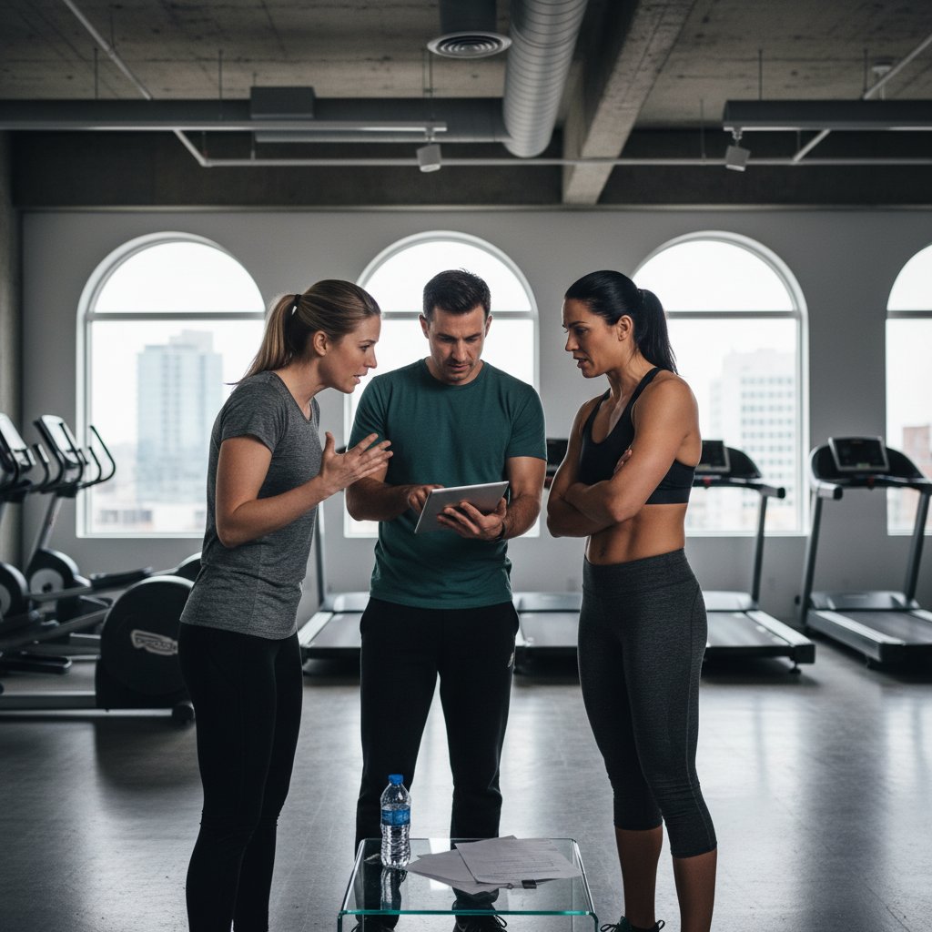 Dyskusja klientów z trenerem w studio fitness