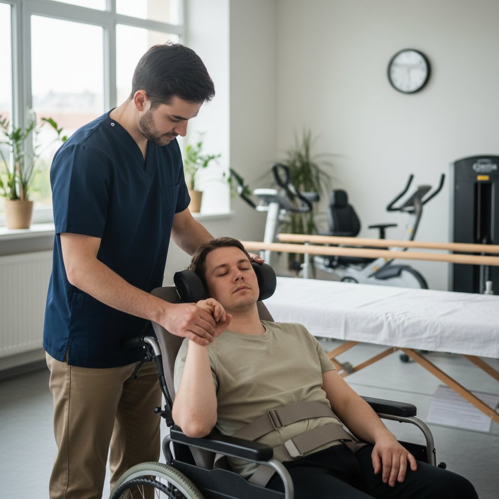 Rehabilitant pracujący z pacjentem w stanie minimalnej świadomości w klinice