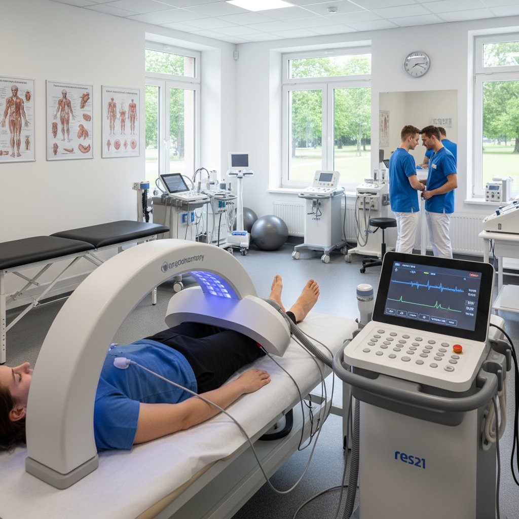 Nowoczesne urządzenia do magnetoterapii i elektroterapii na tle gabinetu fizjoterapeutycznego