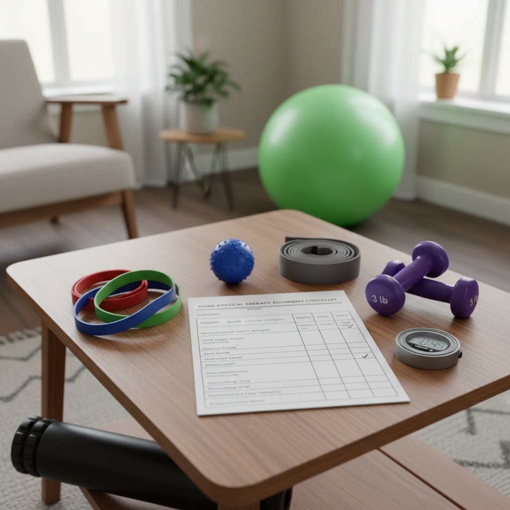 Sprzęt do domowej fizjoterapii i spersonalizowana checklista na stole w salonie