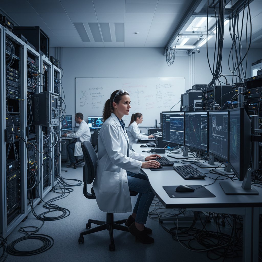 Młody badacz w laboratorium CERN, komputer, ekrany z wzorami fizycznymi