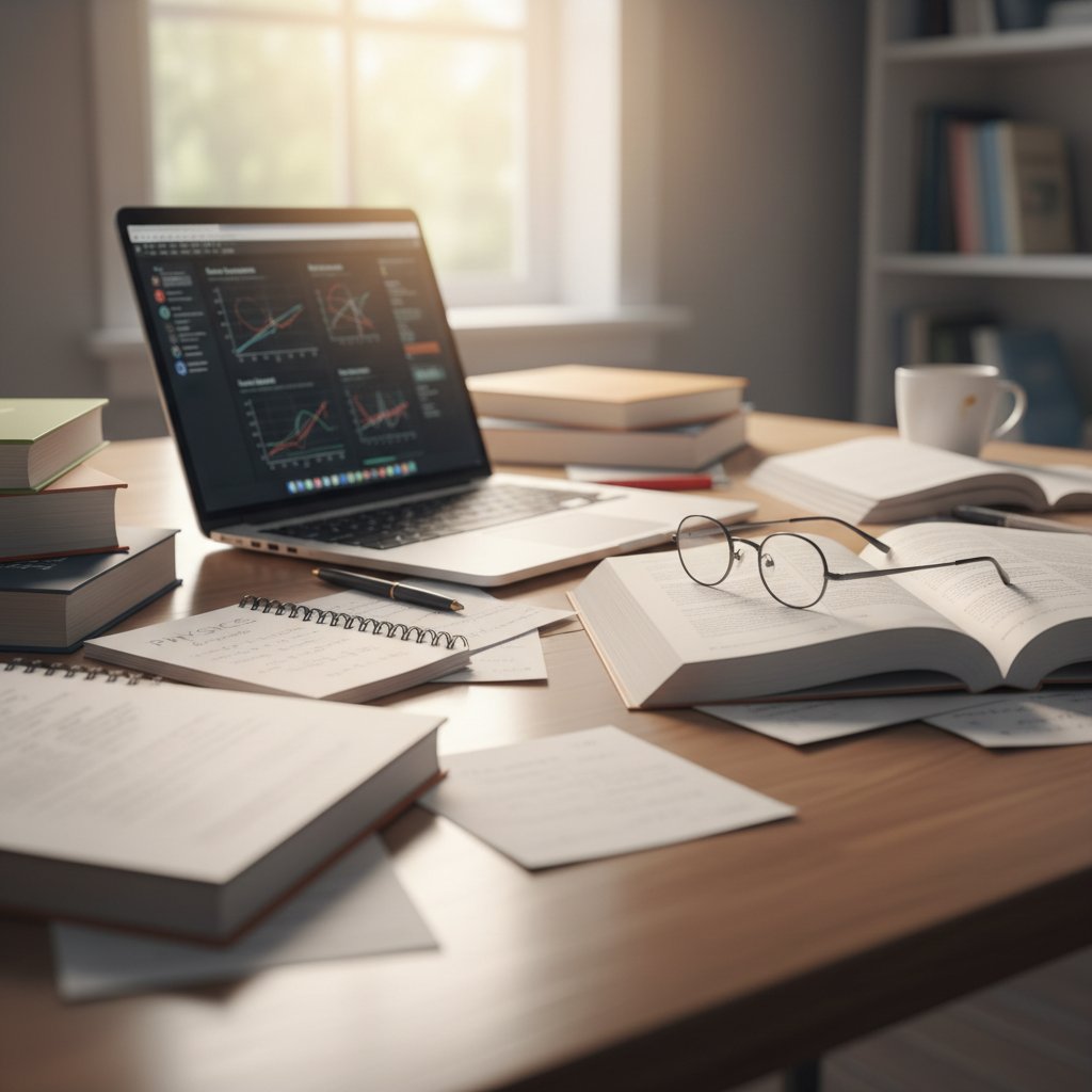 Zbliżenie na notatki i podręczniki do fizyki na biurku ucznia, odbicie ekranu laptopa w okularach