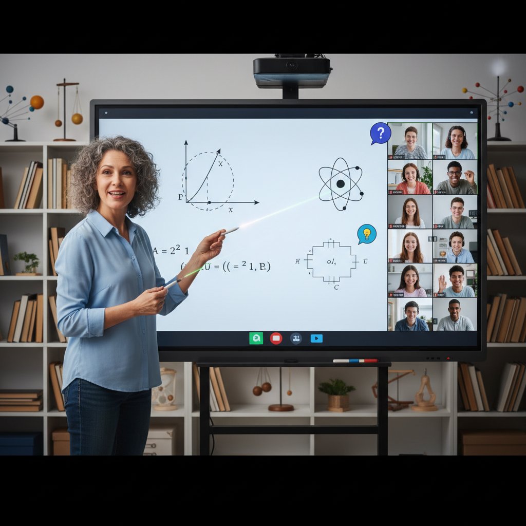 Nauczyciel fizyki online, tablica cyfrowa i zaangażowani uczniowie