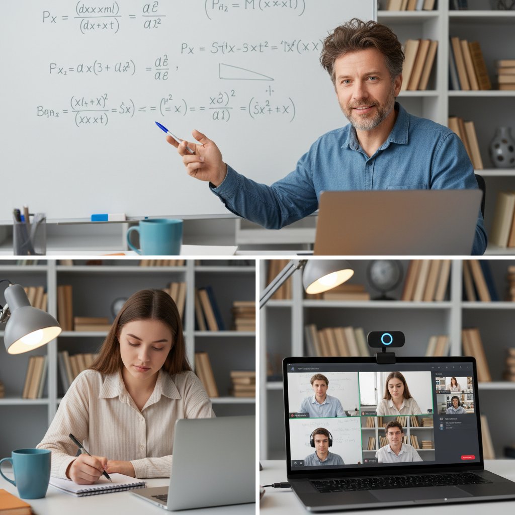 Nauczyciel prowadzący zajęcia fizyka online z uczniem przez kamerę internetową, widoczny ekran z wzorami