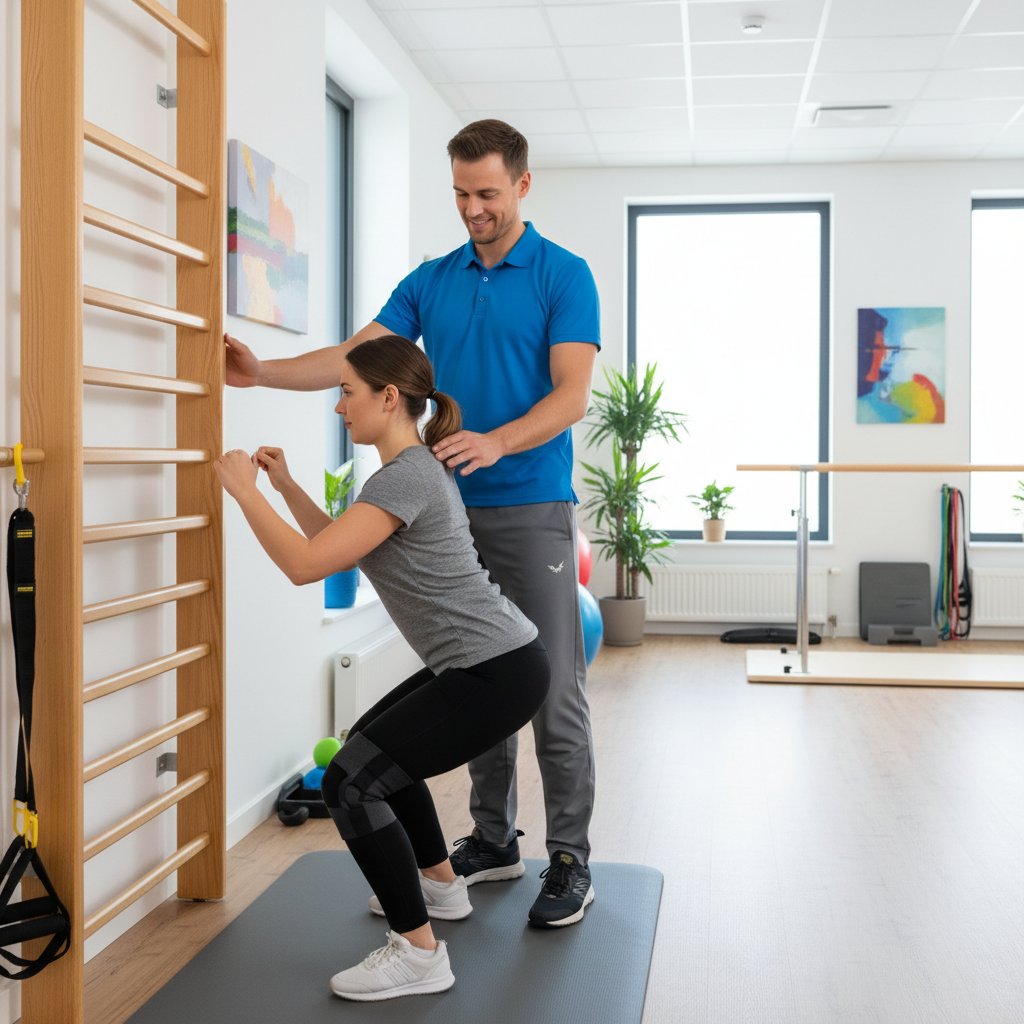 Fizjoterapeuta prowadzi pacjenta przez ćwiczenia kalisteniczne w gabinecie rehabilitacyjnym
