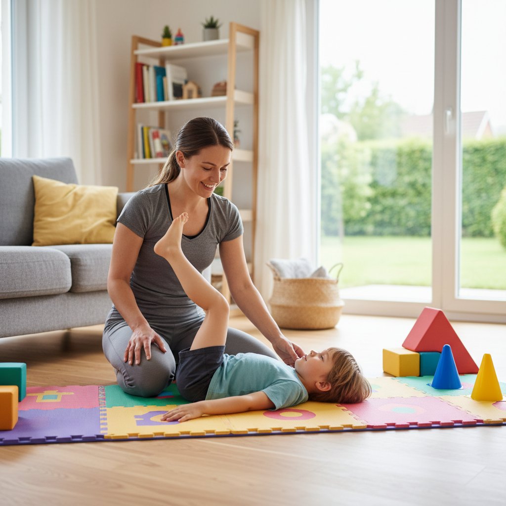 Fizjoterapeutka instruująca dziecko na macie do ćwiczeń w mieszkaniu, domowy klimat