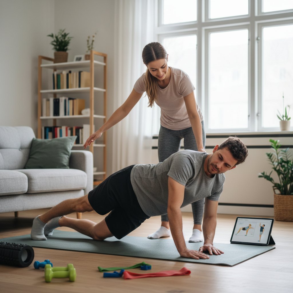 Fizjoterapeuta tłumaczy pacjentce błąd w pozycji podczas ćwiczeń w domu