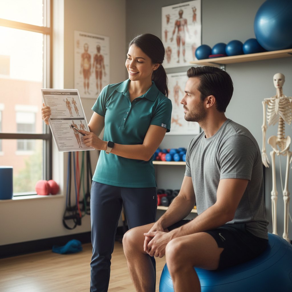Fizjoterapeuta tłumaczy przeciwwskazania osobie zainteresowanej ćwiczeniami z piłką