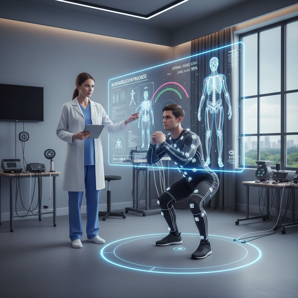 Fizjoterapeuta i pacjent korzystający z AI podczas ćwiczeń rehabilitacyjnych