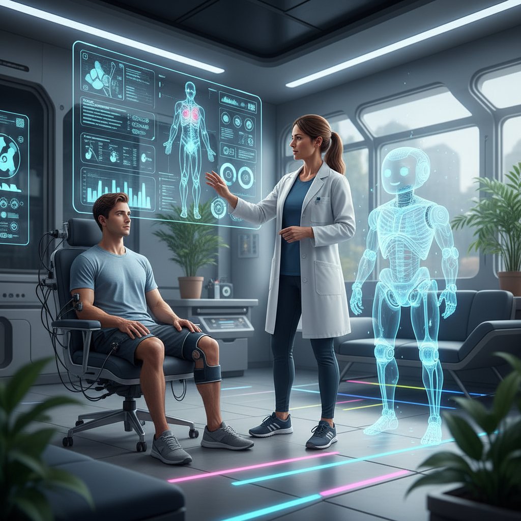 Fizjoterapeuta analizujący dane z wirtualnego asystenta na tablecie podczas sesji z pacjentem