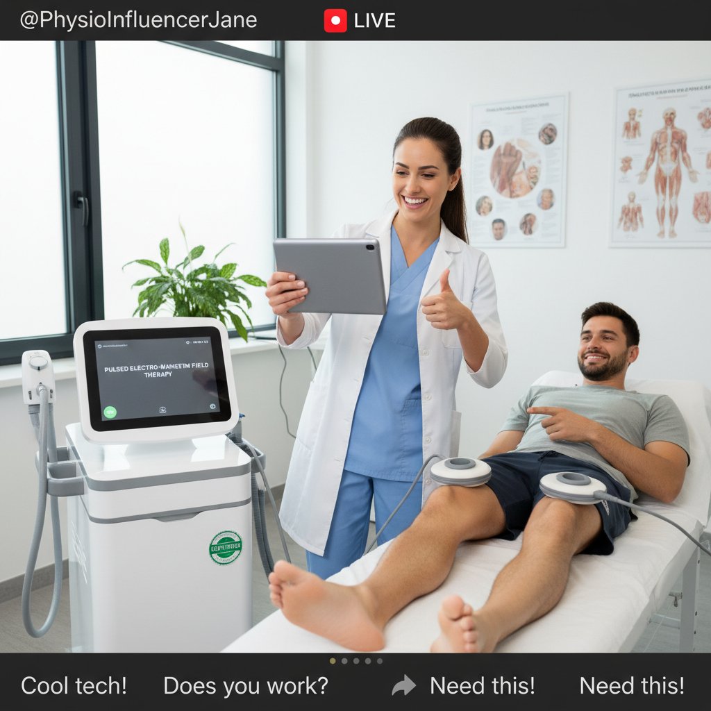 Fizjoterapeuta wyjaśnia pacjentowi różnice między certyfikowanym sprzętem a produktami promowanymi przez influencerów