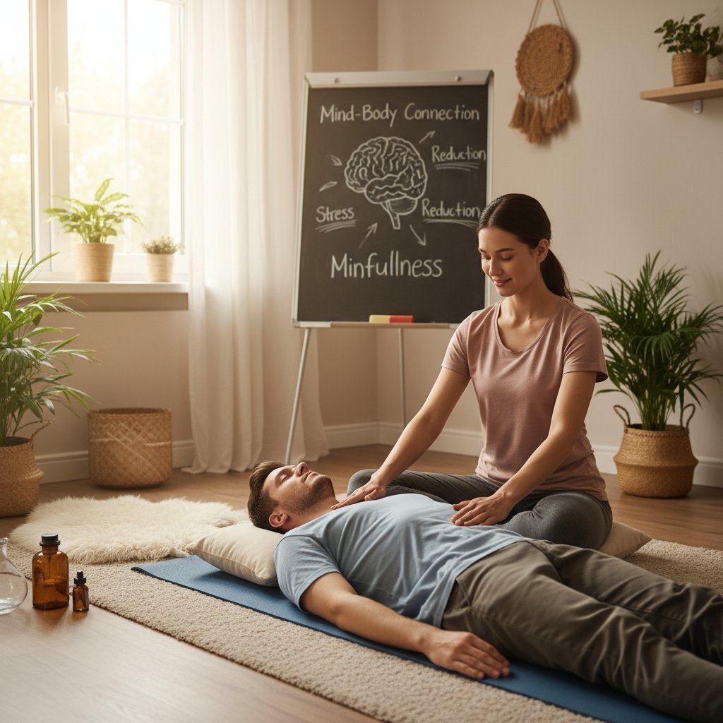 Fizjoterapeuta wspierający pacjenta podczas ćwiczeń relaksacyjnych