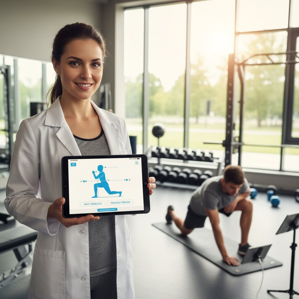 Fizjoterapeutka pokazuje pacjentce aplikację do ćwiczeń na smartfonie
