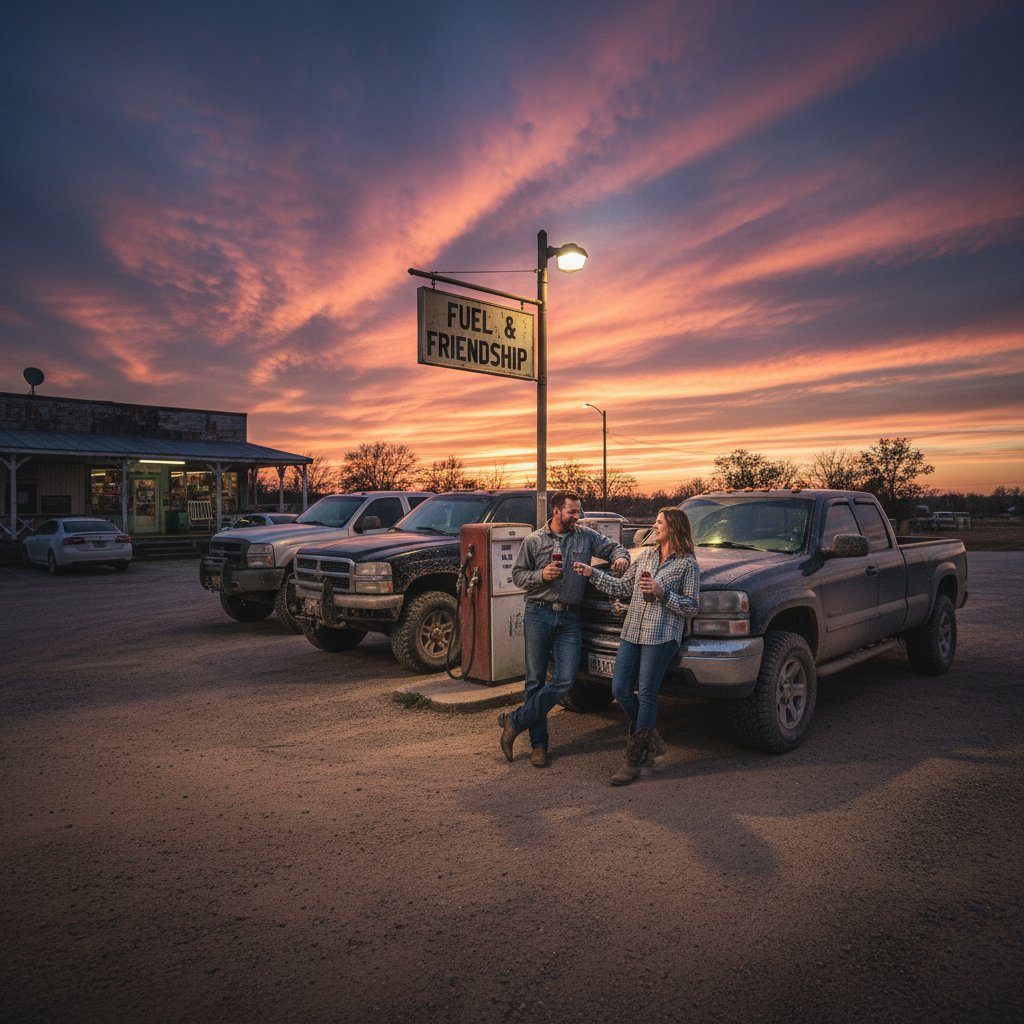 Moody dusk photo of pickup trucks at rural gas station with dramatic sky and camaraderie vibes