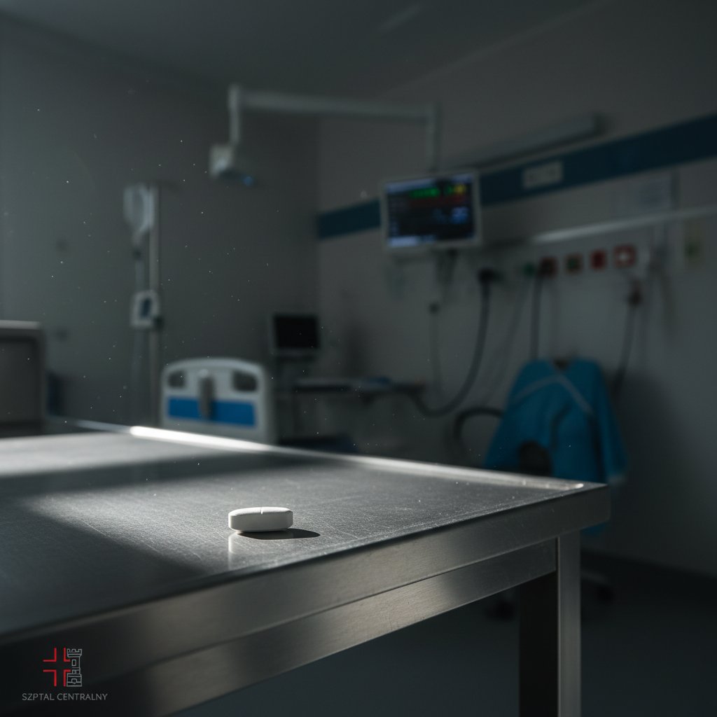 Tabletka klopidogrelu na szpitalnym stole, dramatyczne oświetlenie, Polska szpitalna rzeczywistość